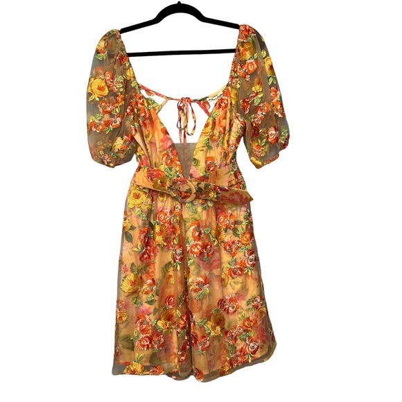 For Love & Lemons Floral Mini Dress Large Golden Yellow Plunge Short Sleeve Nwt - Picture 3 of 15